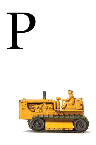 The Letter P: P Bulldozer Yellow White Letter by Saint and Sailor Studios