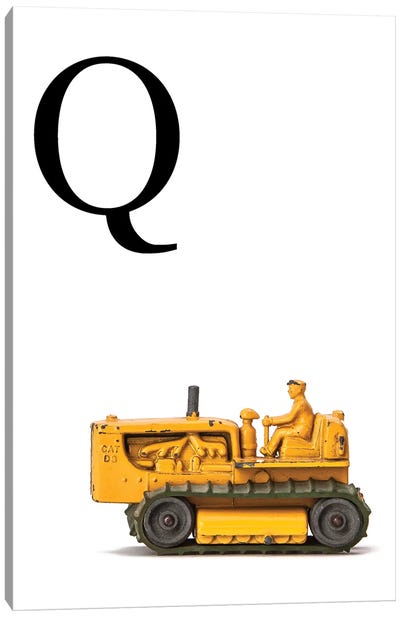Q Bulldozer Yellow White Letter Canvas Art Print - Black, White & Yellow Art
