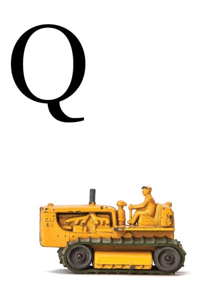 The Letter Q: Q Bulldozer Yellow White Letter by Saint and Sailor Studios