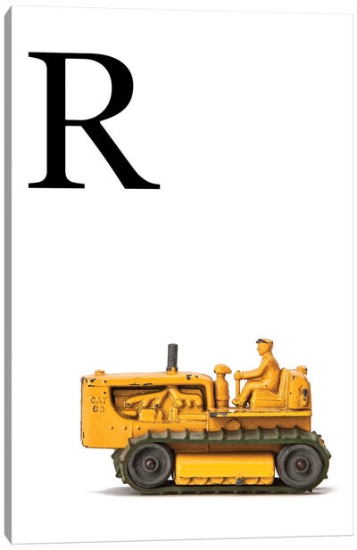 R Bulldozer Yellow White Letter Canvas Art Print - Black, White & Yellow Art