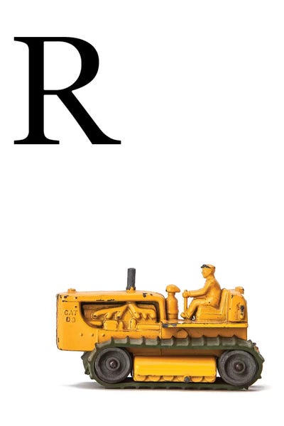 The Letter R: R Bulldozer Yellow White Letter by Saint and Sailor Studios