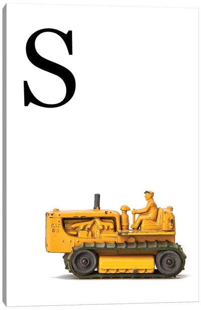 S Bulldozer Yellow White Letter Canvas Art Print - Letter S