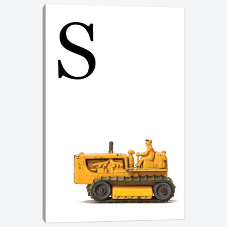 S Bulldozer Yellow White Letter Canvas Print #SNT157} by Saint and Sailor Studios Canvas Artwork
