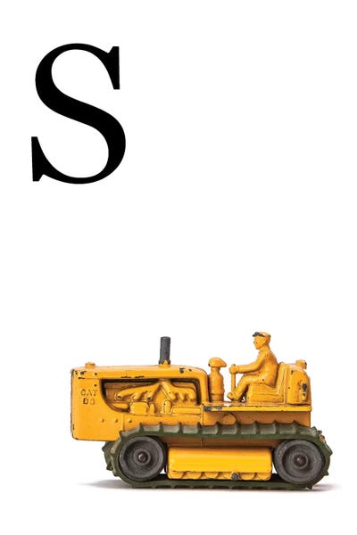 Alphabet: S Bulldozer Yellow White Letter by Saint and Sailor Studios