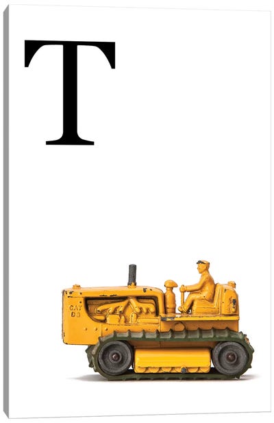 T Bulldozer Yellow White Letter Canvas Art Print - Letter T