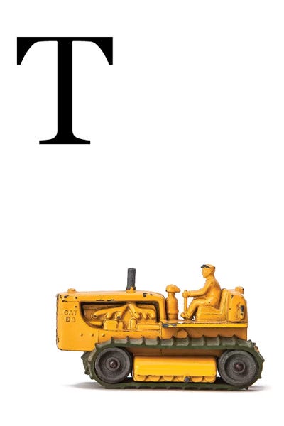 The Letter T: T Bulldozer Yellow White Letter by Saint and Sailor Studios