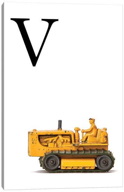 V Bulldozer Yellow White Letter Canvas Art Print - Black, White & Yellow Art