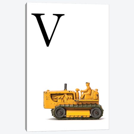 V Bulldozer Yellow White Letter Canvas Print #SNT160} by Saint and Sailor Studios Canvas Wall Art