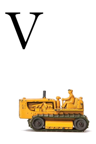 The Letter V: V Bulldozer Yellow White Letter by Saint and Sailor Studios