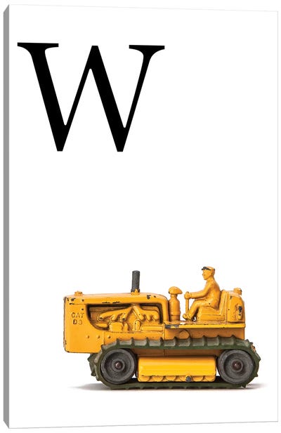 W Bulldozer Yellow White Letter Canvas Art Print - Letter W