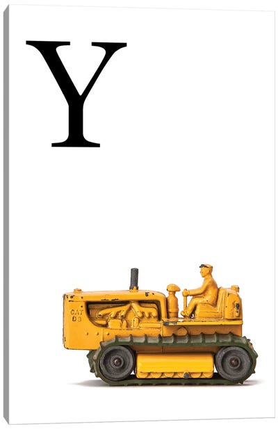 Y Bulldozer Yellow White Letter Canvas Art Print - Black, White & Yellow Art