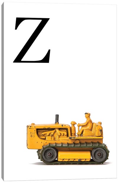 Z Bulldozer Yellow White Letter Canvas Art Print - Black, White & Yellow Art