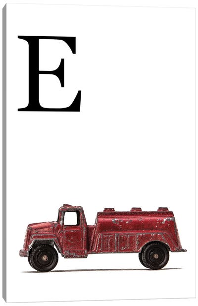E Water Truck White Letter Canvas Art Print - Letter E