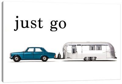 Airstream Car - Just Go Canvas Art Print - Camping Art