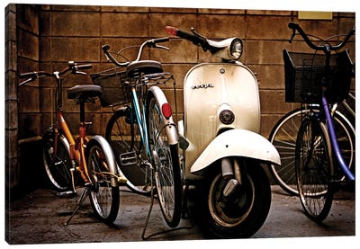 Vespa With Bikes Canvas Art Print - Scooters