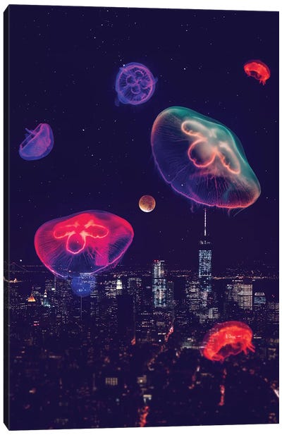 City Jellyfish Moon Canvas Art Print - Jellyfish Art