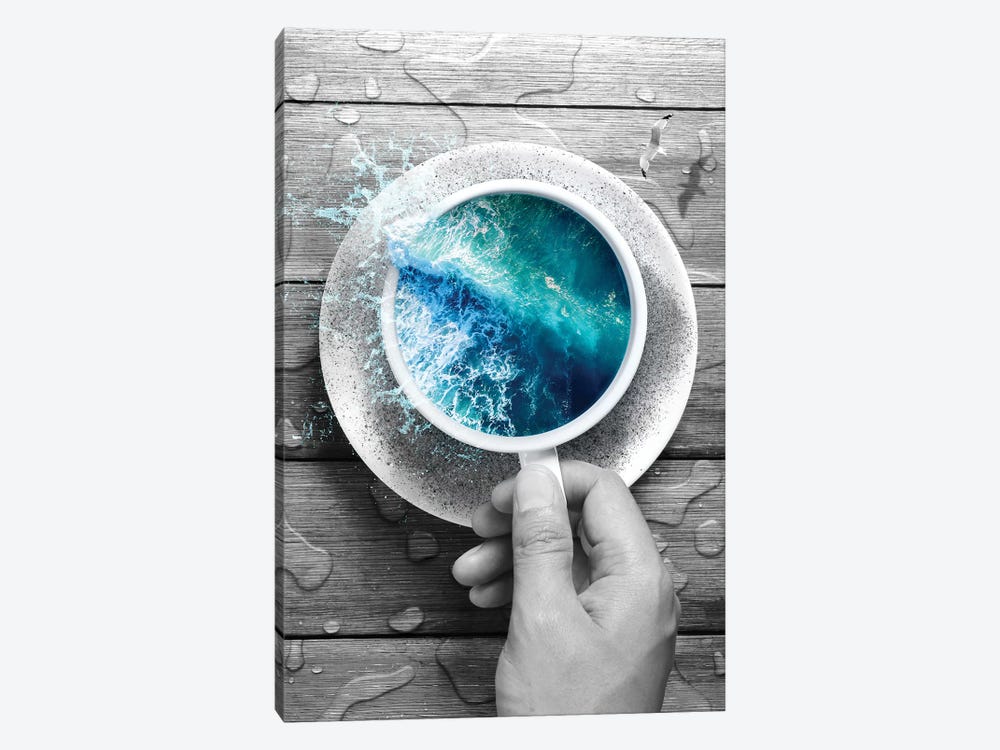 Spoondrift Wave - Cup In Black & White by Soaring Anchor Designs 1-piece Canvas Art