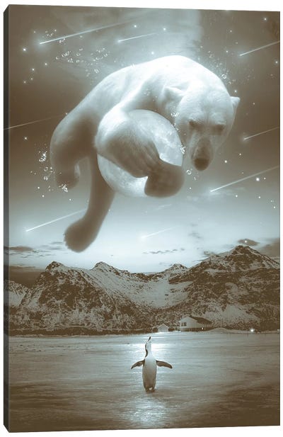 Cobalt Polar Bear Noctuary In Black & White Canvas Art Print - Soaring Anchor Designs