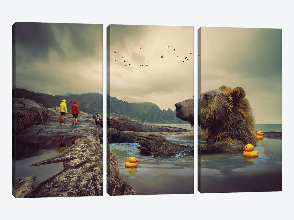 Foggy Bear Bath by Soaring Anchor Designs 3-piece Canvas Print