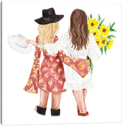Best Friends With Sunflowers Canvas Art Print - Style of Brush