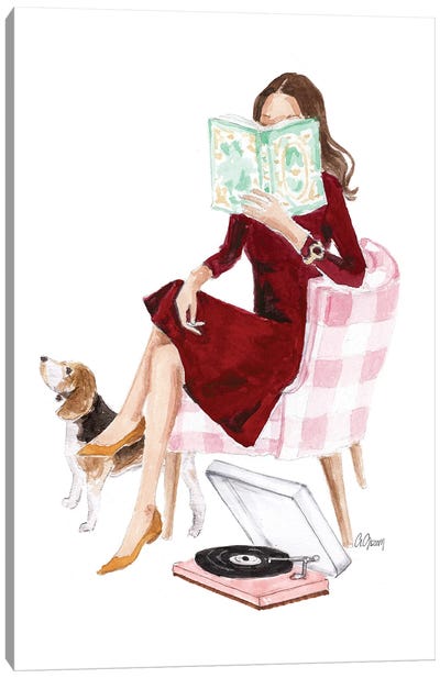 Reading At Pink Chair Canvas Art Print - Beagle Art