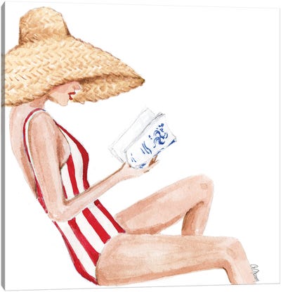 Book And Straw Hat Canvas Art Print - Women's Swimsuit & Bikini Art