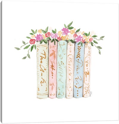 Books And Flowers Canvas Art Print - Style of Brush