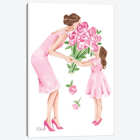 Mother And Daughter With Flowers Canvas Print #SOB8} by Style of Brush Art Print