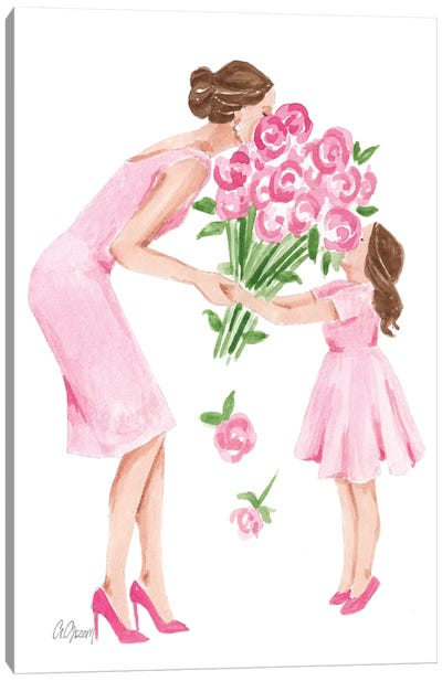 Mother And Daughter With Flowers Canvas Art Print - Style of Brush