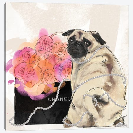 Framed Canvas Art (Champagne) - Puddog in LV Bag by Elizaveta Molchanova ( Animals > Dogs > Pugs art) - 26x26 in