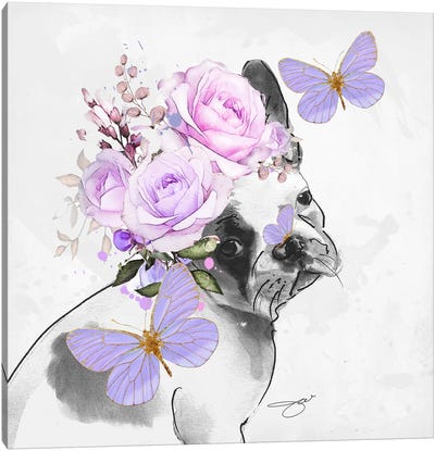 Frenchie In Bloom Canvas Art Print - French Bulldog Art