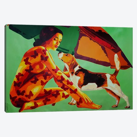 Lady Dog And Beach Umbrella Canvas Print #SON20} by Sonaly Gandhi Canvas Print