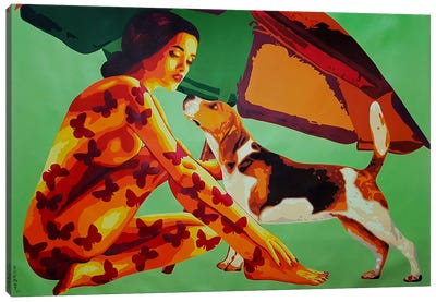 Lady Dog And Beach Umbrella Canvas Art Print - Sonaly Gandhi
