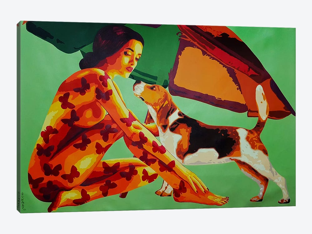 Lady Dog And Beach Umbrella by Sonaly Gandhi 1-piece Canvas Art