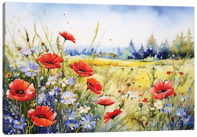 Poppy Field Canvas Art Print - Watercolor Art