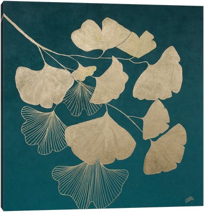 Golden Ginkgo Leaves Canvas Art Print - Gold & Teal Art