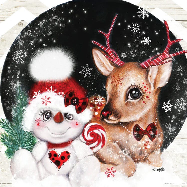 Christmas Reindeer & Snowman Friend by Sheena Pike wall art