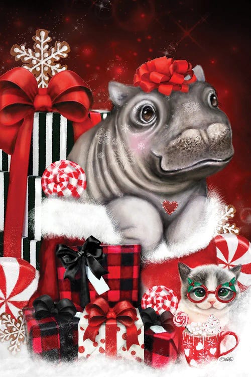 Cute Hippo Christmas Surprise by Sheena Pike wall art