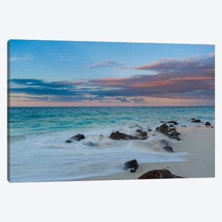 Long Exposure Of Surf Surging Onto A Rocky Beach At Sunset. Anse Bambous Beach, Fregate Island, Seychelles. Canvas Print #SPI27} by Sergio Pitamitz Canvas Wall Art
