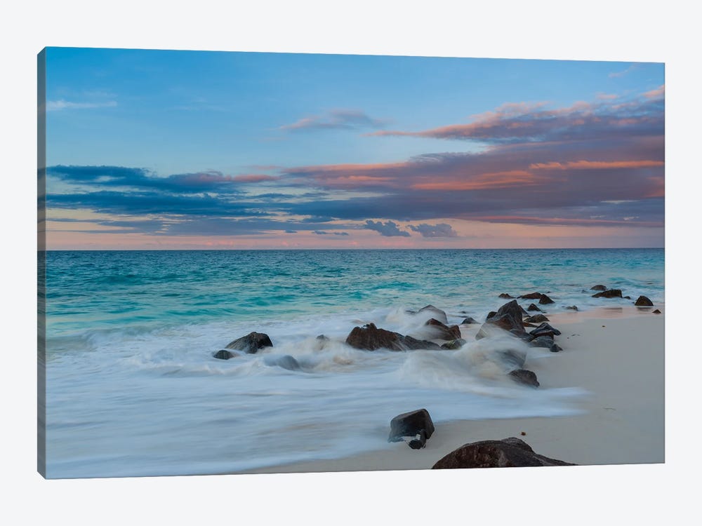 Long Exposure Of Surf Surging Onto A Rocky Beach At Sunset. Anse Bambous Beach, Fregate Island, Seychelles. by Sergio Pitamitz 1-piece Canvas Print