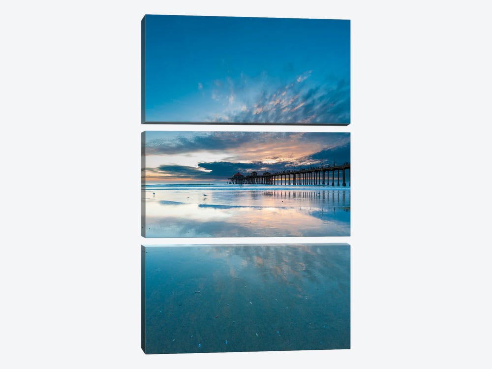 The Huntington Beach Pier And Reflections On The Wet Beach At Sunset. Huntington Beach, California. by Sergio Pitamitz 3-piece Canvas Art Print