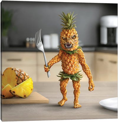 Tiny Kitchen Monster: Pineapple Canvas Art Print - Fruit Art