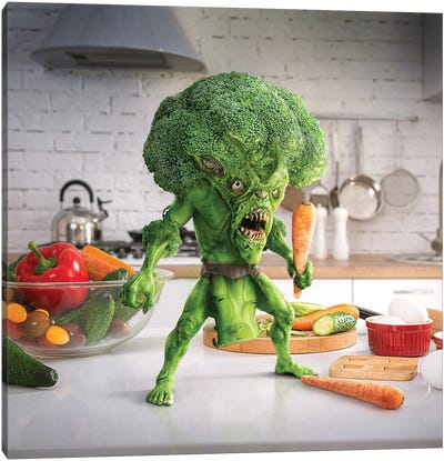 Tiny Kitchen Monster: Broccoli Canvas Art Print - Food Art