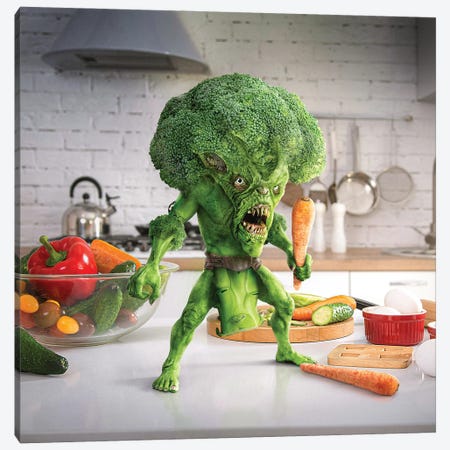 Tiny Kitchen Monster: Broccoli Canvas Print #SPS25} by spielsinn design Canvas Art