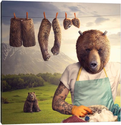 Washing Bear Canvas Art Print - Brown Bear Art