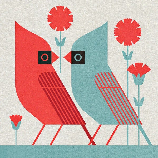 Mid-Century Modern Animals: Cardinals And Carnations by Scott Partridge