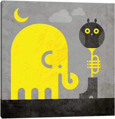 Elephant And Owl Canvas Art Print - Black, White & Yellow Art