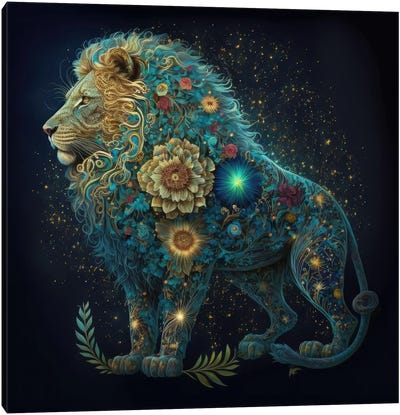 Floral Celestial Oasis Canvas Art Print - Lion Art