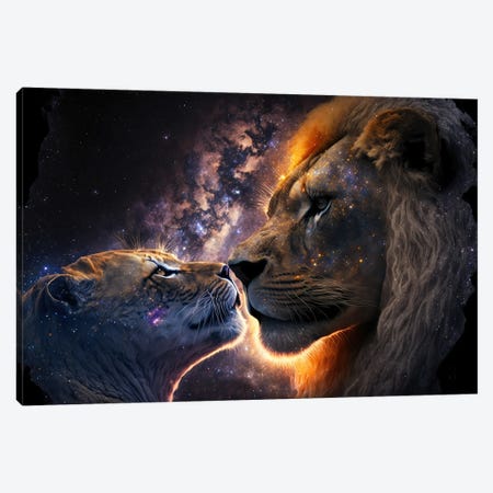 Lion Cosmic Kiss Canvas Print #SPU34} by Spacescapes Art Print