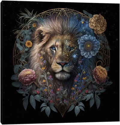 Midnight Bloom Lion Canvas Art Print - Spacescapes